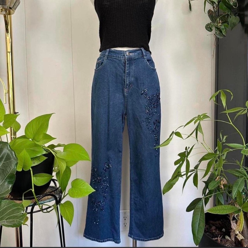 Quaker Factory Vintage Beaded Wide Leg Jeans Blue Floral Medium Petite High Rise
